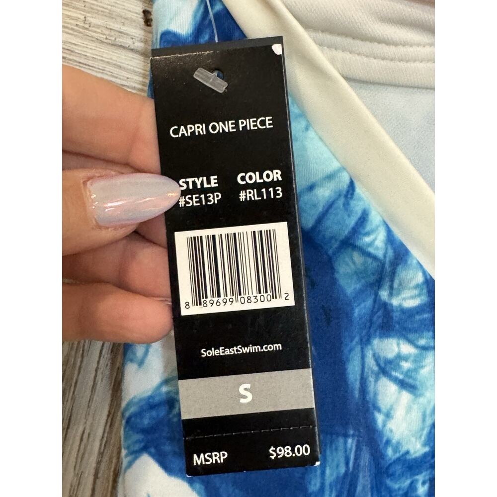 Sole East Swim One Piece Halter Neck Back Tie Swimsuit Blue White Swirl Size S - Picture 5 of 9